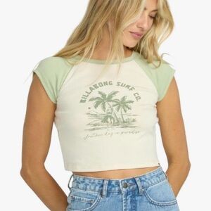 Billabong Surf Co Graphic Crop Top Green Raglan Baby Tee Size M NWT